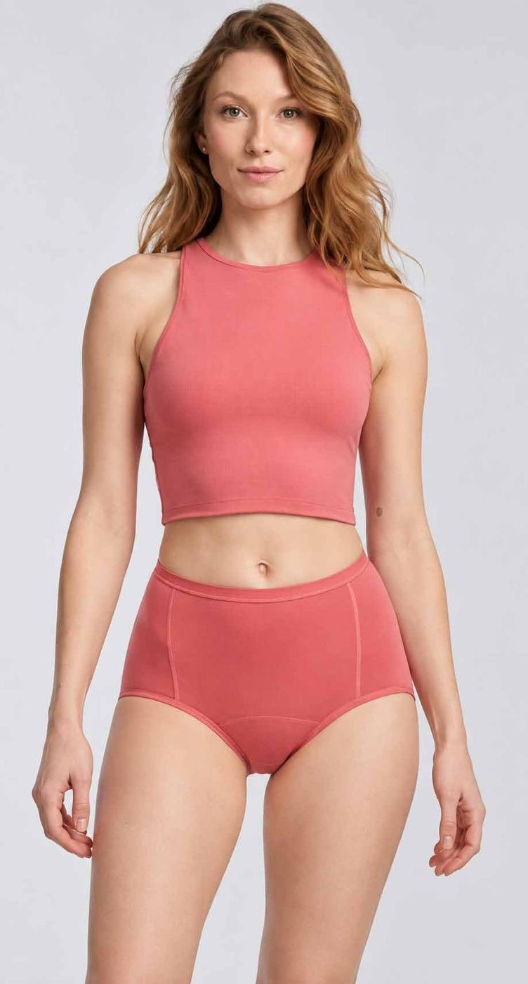 Coral high-waist period brief with matching crop top